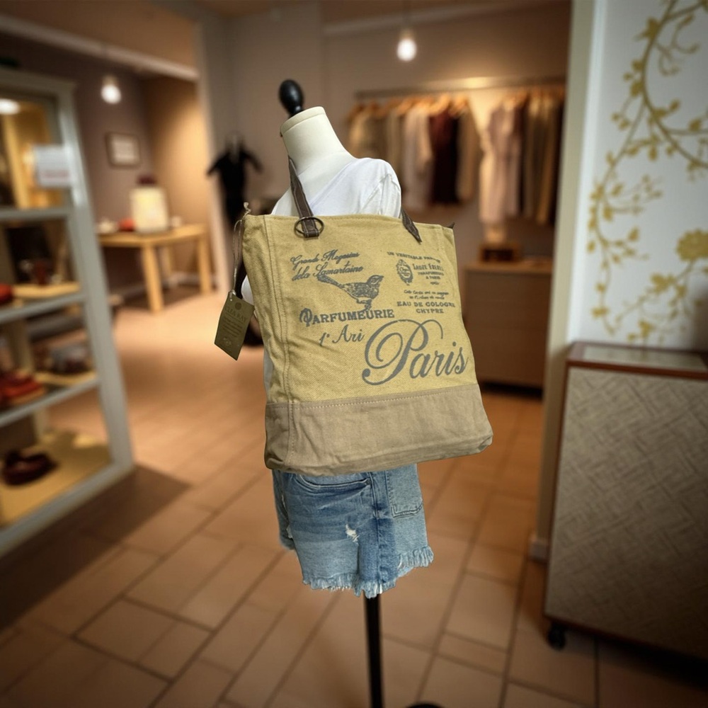 NWT Stylish Paris Print Canvas Tote Bag - Tan and Brown - Picture 6 of 8